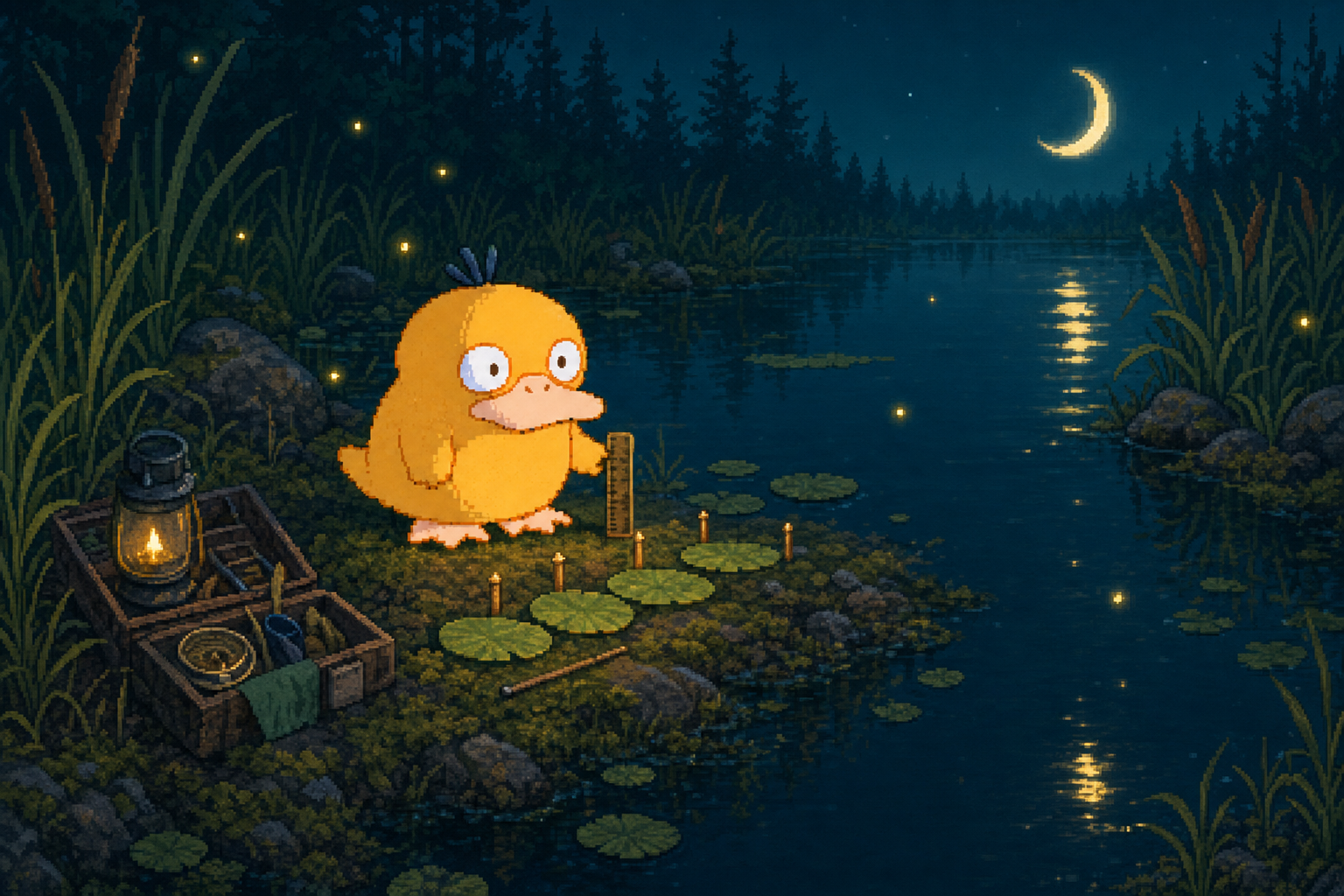 Moon Duck on the mossy north bank at night, measuring the pond with a wooden stick beside a lantern and a toolbox, the crescent moon reflected in the water